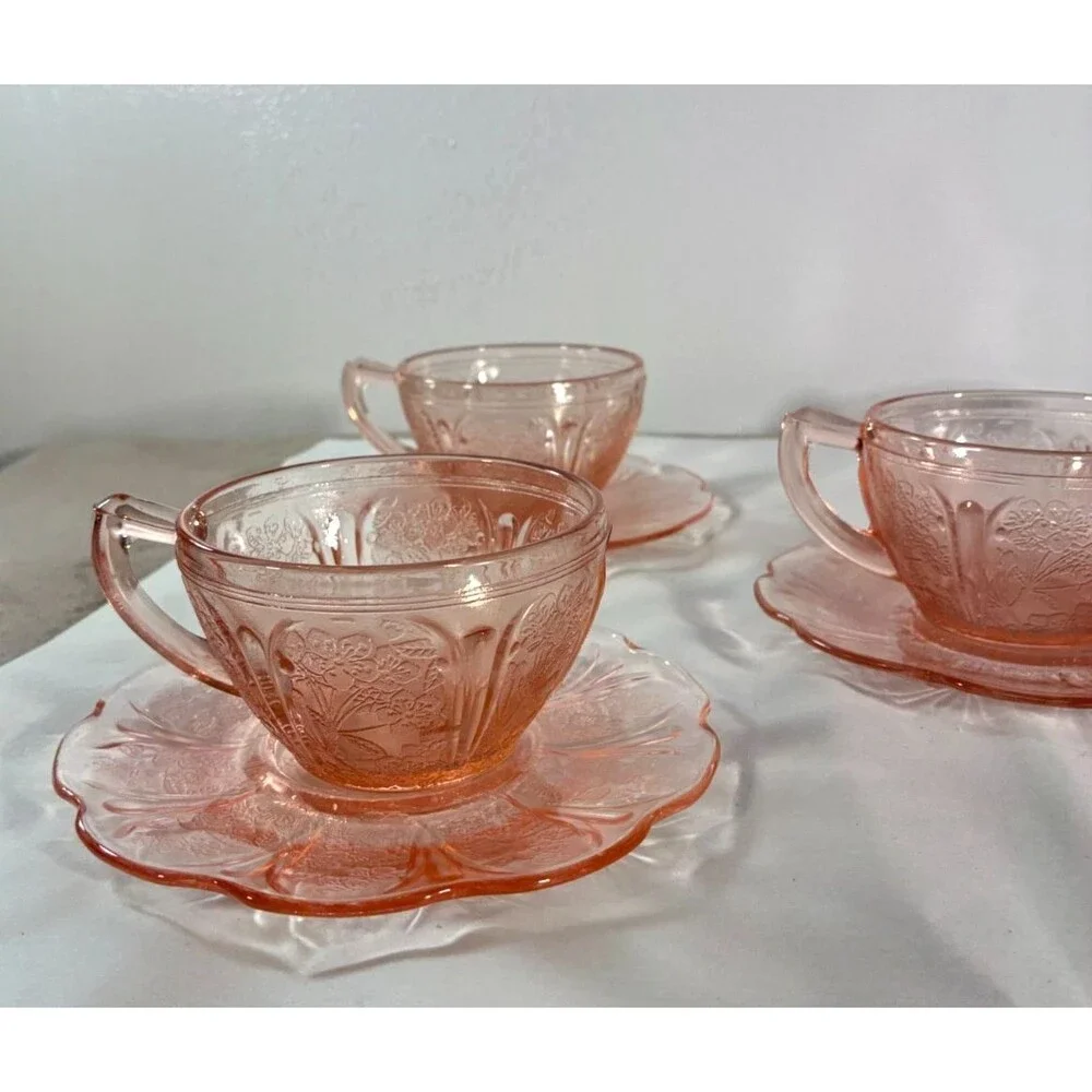 Jeannette Pink Cherry Blossom Depression Glass Cups Saucers 10 Pc Set VTG